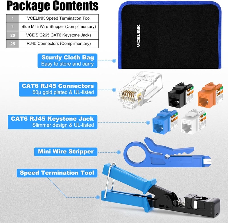 VCELINK Speed Termination Tool for VCE 90-Degree Keystone Jacks Punch Down Network Tool Kit with 20-Pack CAT6 Keystone Jacks UL-Listed, 25-Pack RJ45 Connectors, 1-Pack Mini Wire Stripper - Image 3